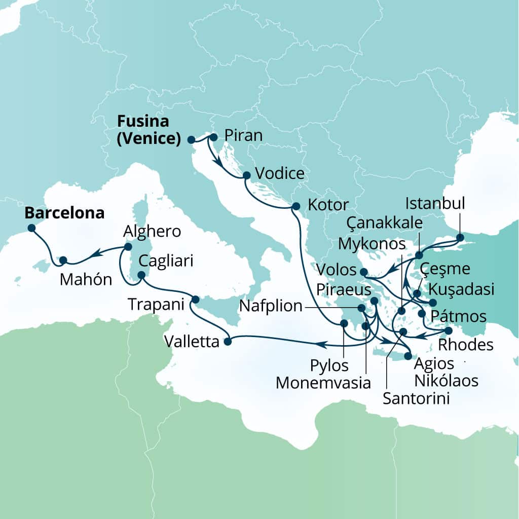 Seabourn Ovation 28-day Fusina (Venice), Italy to Barcelona, Spain itinerary map, October 9-November 6 2027