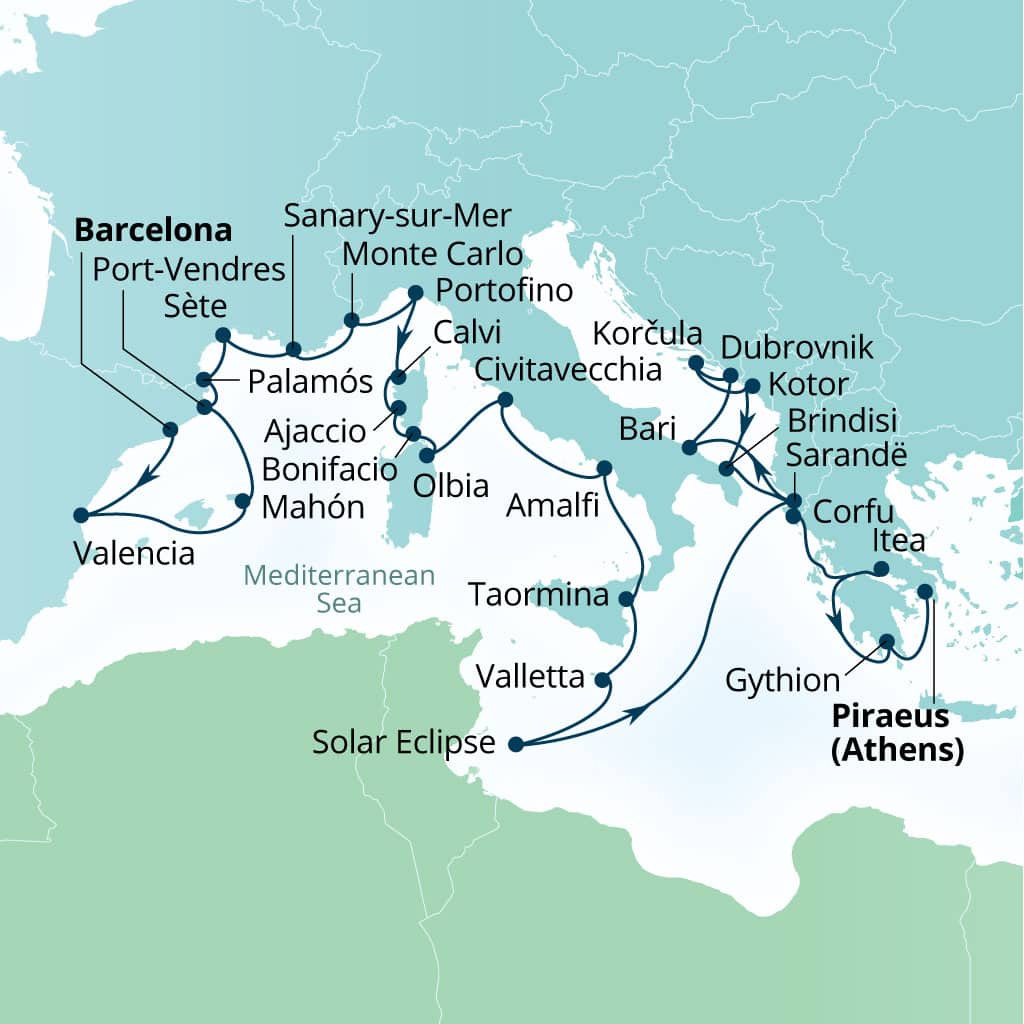 Seabourn Ovation 30-day Barcelona, Spain to Piraeus (Athens), Greece itinerary map, July 15-August 14 2027