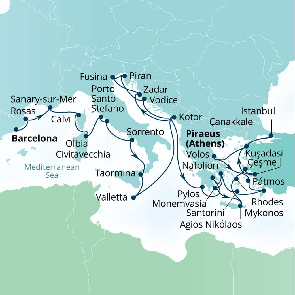 Seabourn Ovation 35-day Barcelona, Spain to Piraeus (Athens), Greece itinerary map, September 25-October 30 2027