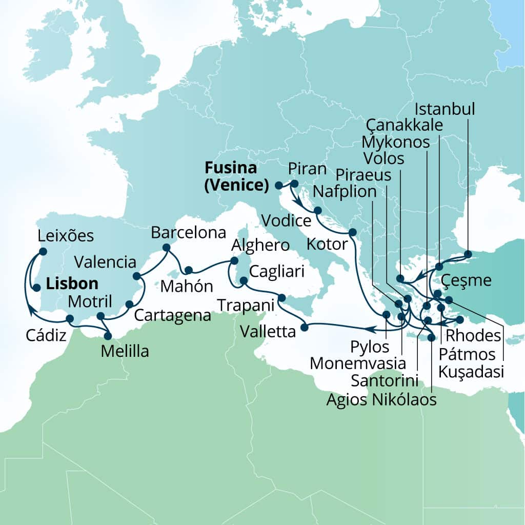 Seabourn Ovation 36-day Fusina (Venice), Italy to Lisbon, Portugal itinerary map, October 9-November 14 2027