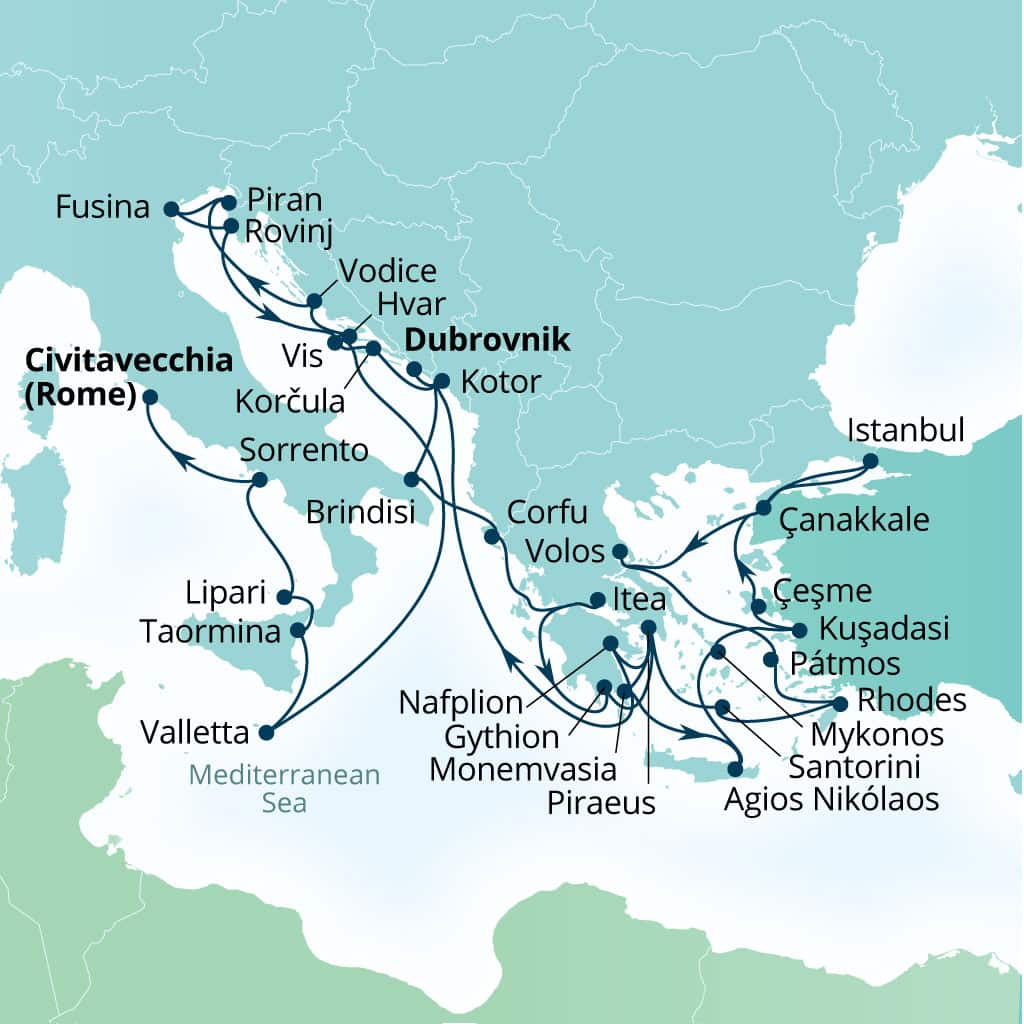 Seabourn Ovation 37-day Dubrovnik, Croatia to Civitavecchia (Rome), Italy itinerary map, May 15-June 21 2027