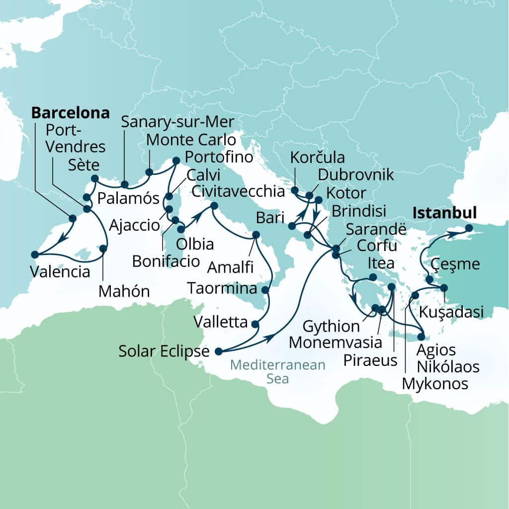 Seabourn Ovation 37-day Barcelona, Spain to Istanbul, Turkey itinerary map, July 15-August 21 2027