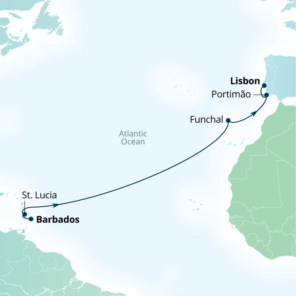 Seabourn Ovation 12-day Bridgetown, Barbados to Lisbon, Portugal itinerary map, March 27-April 8 2027