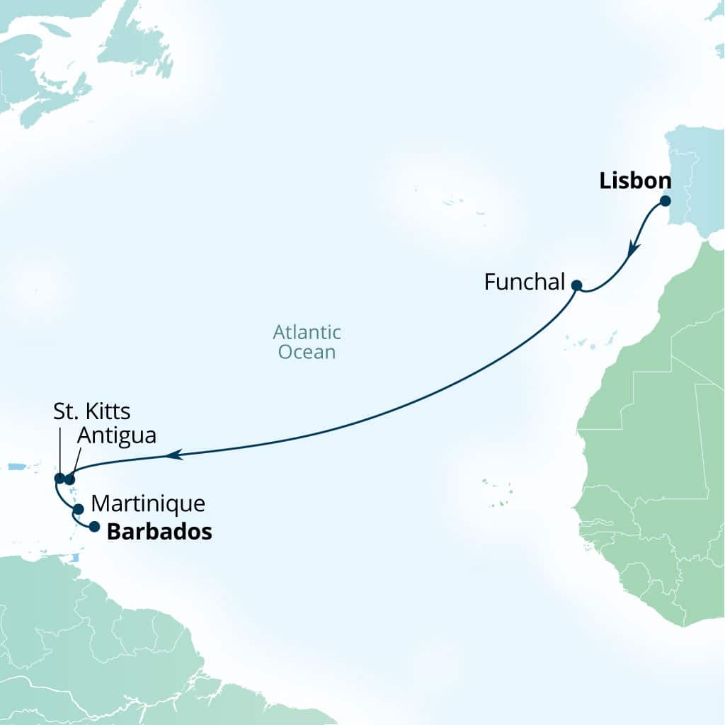 Seabourn Ovation 13-day Lisbon, Portugal to Bridgetown, Barbados itinerary map, November 14-27 2027