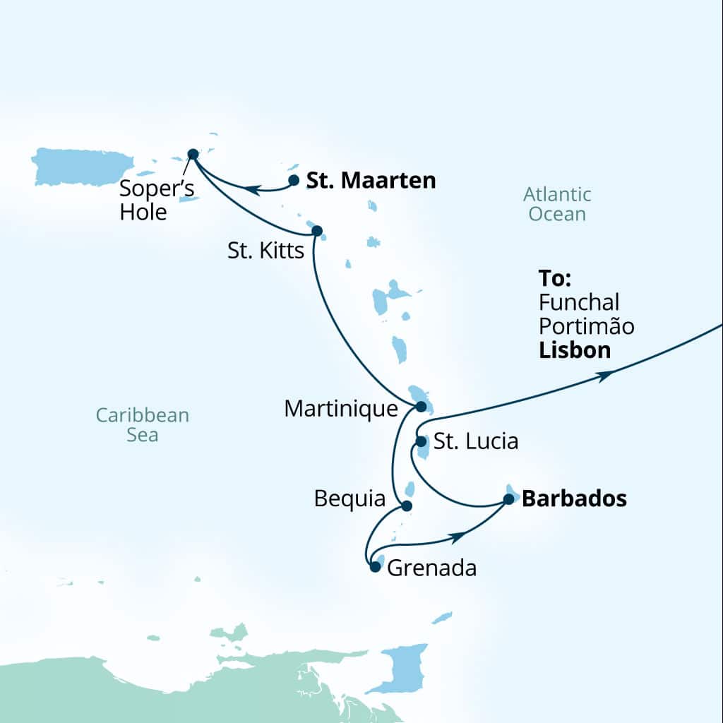 Seabourn Ovation 19-day Philipsburg, Sint Maarten to Lisbon, Portugal itinerary map, March 20-April 8 2027