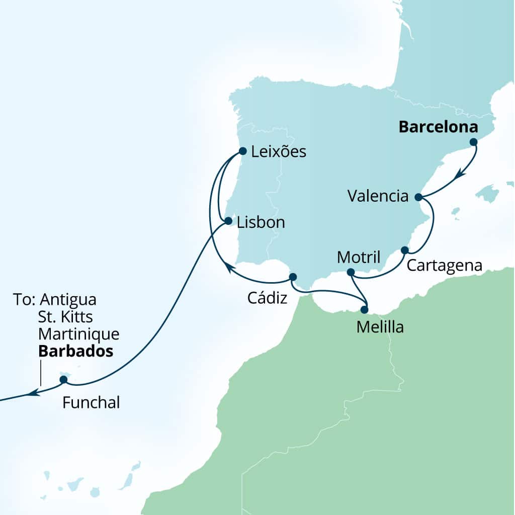 Seabourn Ovation 21-day Barcelona, Spain to Bridgetown, Barbados itinerary map, November 6-27 2027