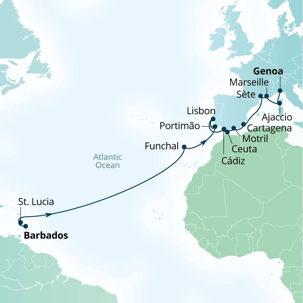 Seabourn Ovation 22-day Bridgetown, Barbados to Genoa, Italy itinerary map, March 27-April 18 2027