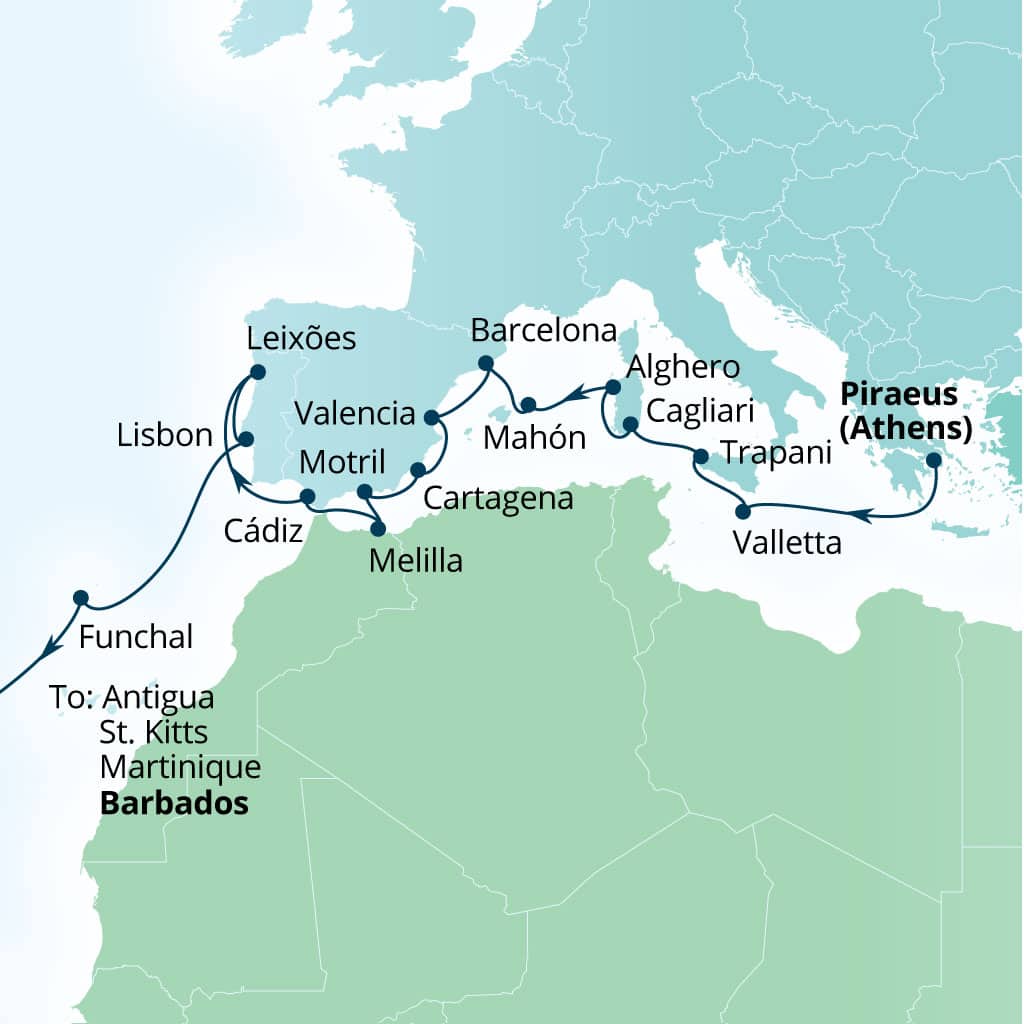 Seabourn Ovation 28-day Piraeus (Athens), Greece to Bridgetown, Barbados itinerary map, October 30-November 27 2027
