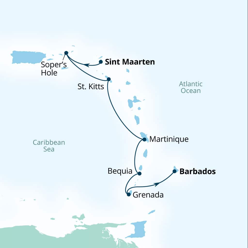 Seabourn Ovation 7-day Philipsburg, Sint Maarten to Bridgetown, Barbados itinerary map, February 5-12 2028