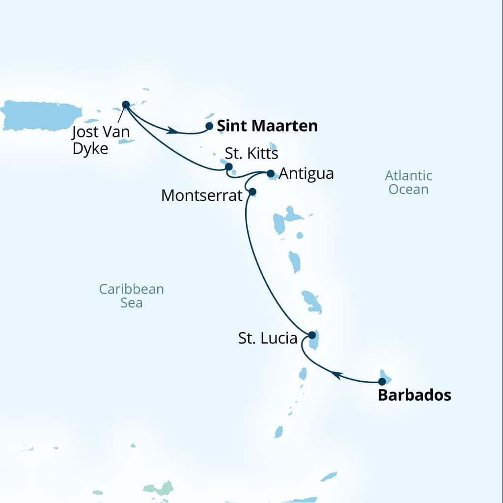 Seabourn Ovation 7-day Bridgetown, Barbados to Philipsburg, Sint Maarten itinerary map, February 12-19 2028
