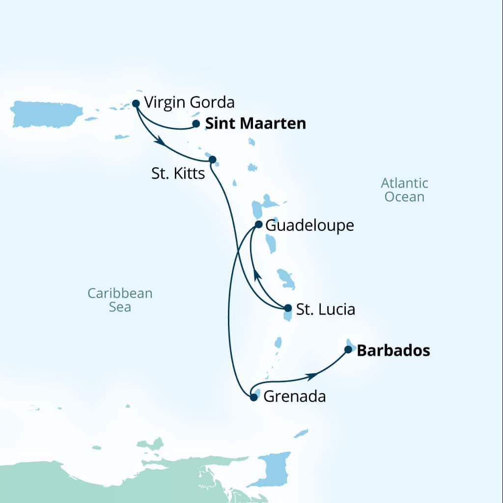 Seabourn Ovation 7-day Philipsburg, Sint Maarten to Bridgetown, Barbados itinerary map, December 30-January 6 2029