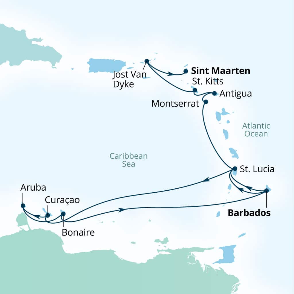 Seabourn Ovation 14-day Bridgetown, Barbados to Philipsburg, Sint Maarten itinerary map, January 8-22 2028