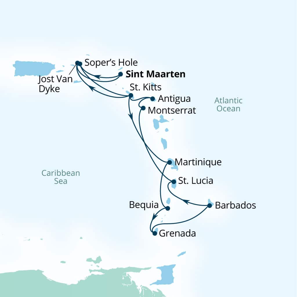 Seabourn Ovation 14-day Philipsburg, Sint Maarten to Philipsburg, Sint Maarten itinerary map, March 4-18 2028