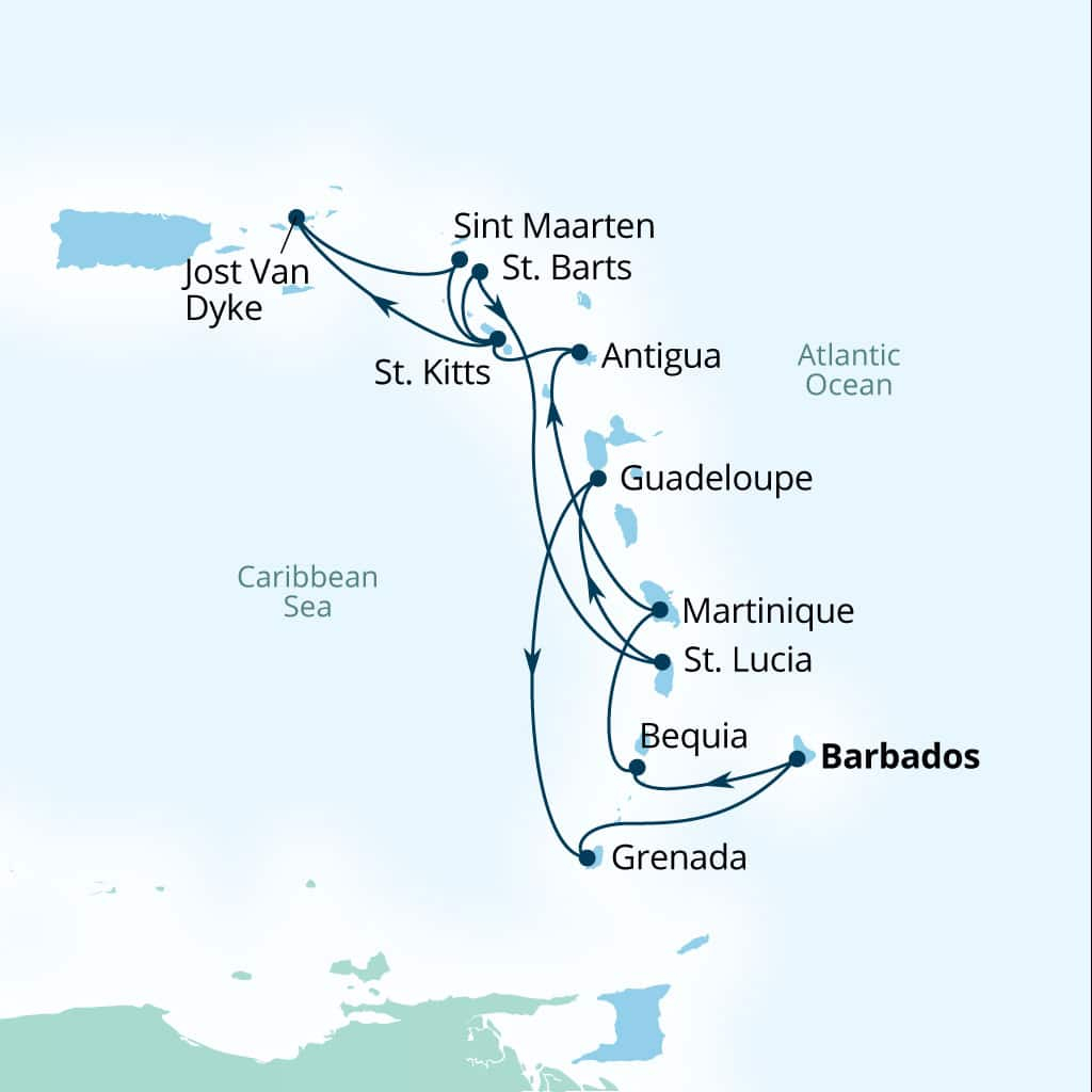 Seabourn Ovation 14-day Bridgetown, Barbados to Bridgetown, Barbados itinerary map, December 9-23 2028