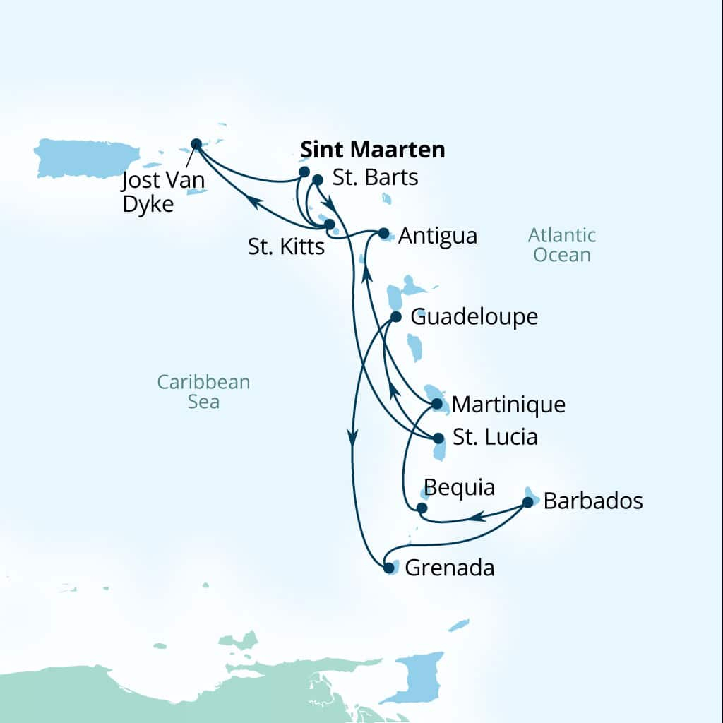Seabourn Ovation 14-day Philipsburg, Sint Maarten to Philipsburg, Sint Maarten itinerary map, December 16-30 2028
