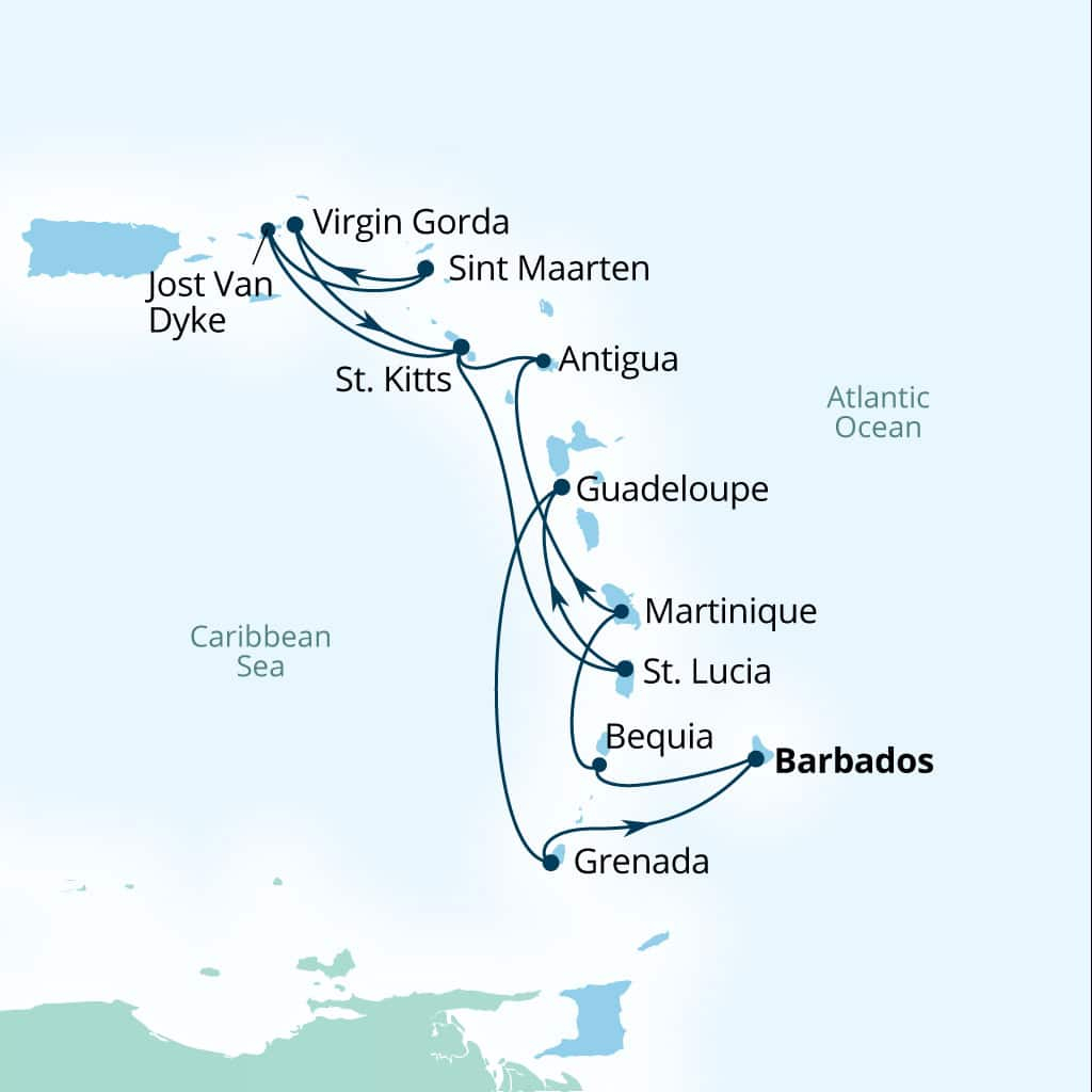 Seabourn Ovation 14-day Bridgetown, Barbados to Bridgetown, Barbados itinerary map, December 23-January 6 2029