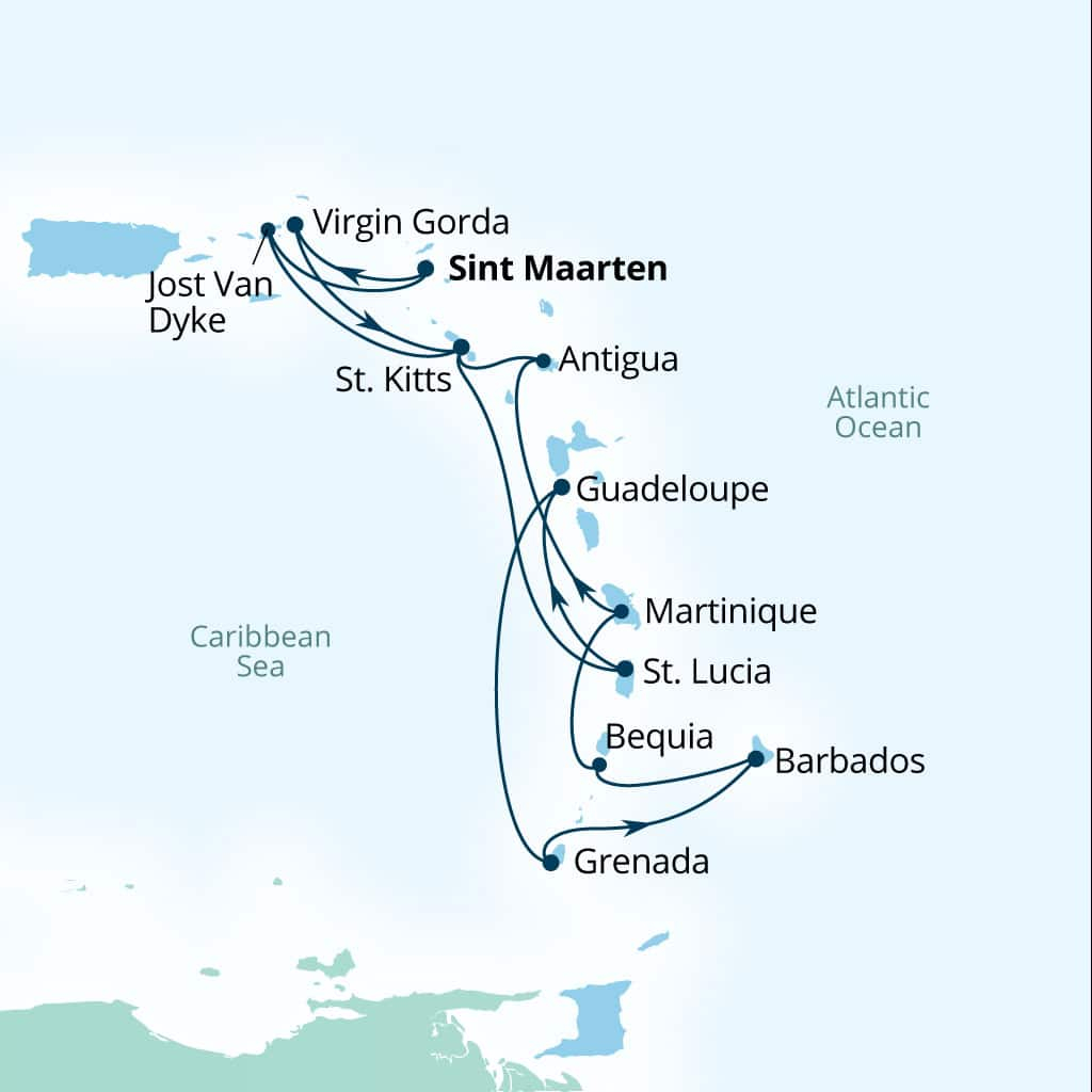 Seabourn Ovation 14-day Philipsburg, Sint Maarten to Philipsburg, Sint Maarten itinerary map, December 30-January 13 2029