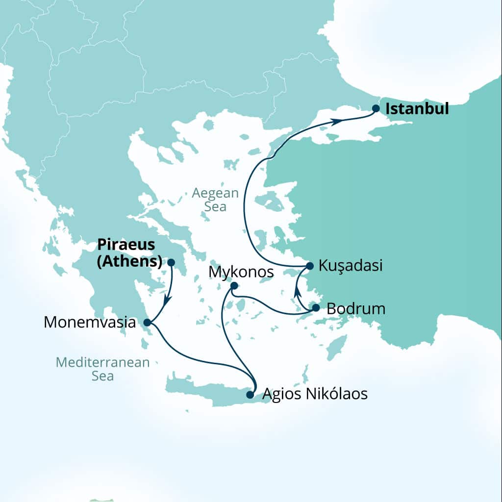 Seabourn Ovation 7-day Piraeus (Athens), Greece to Istanbul, Turkey itinerary map, May 6-13 2028