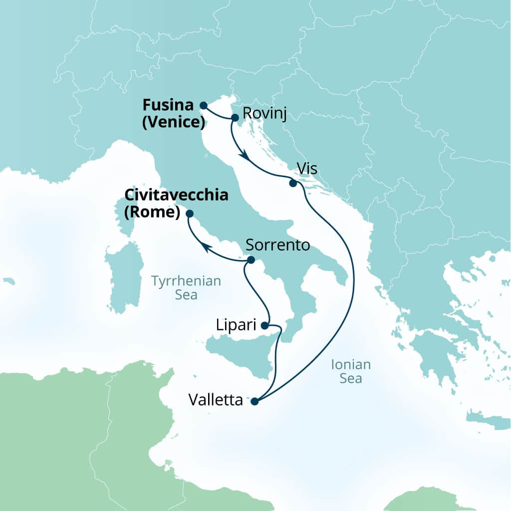 Seabourn Ovation 7-day Fusina (Venice), Italy to Civitavecchia (Rome), Italy itinerary map, May 27-June 3 2028