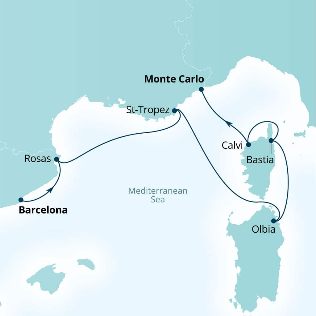 Seabourn Ovation 7-day Barcelona, Spain to Monte Carlo, Monaco itinerary map, June 10-17 2028
