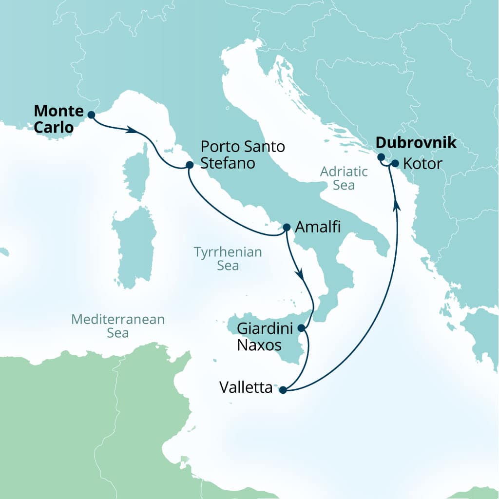 Seabourn Ovation 7-day Monte Carlo, Monaco to Dubrovnik, Croatia itinerary map, June 17-24 2028