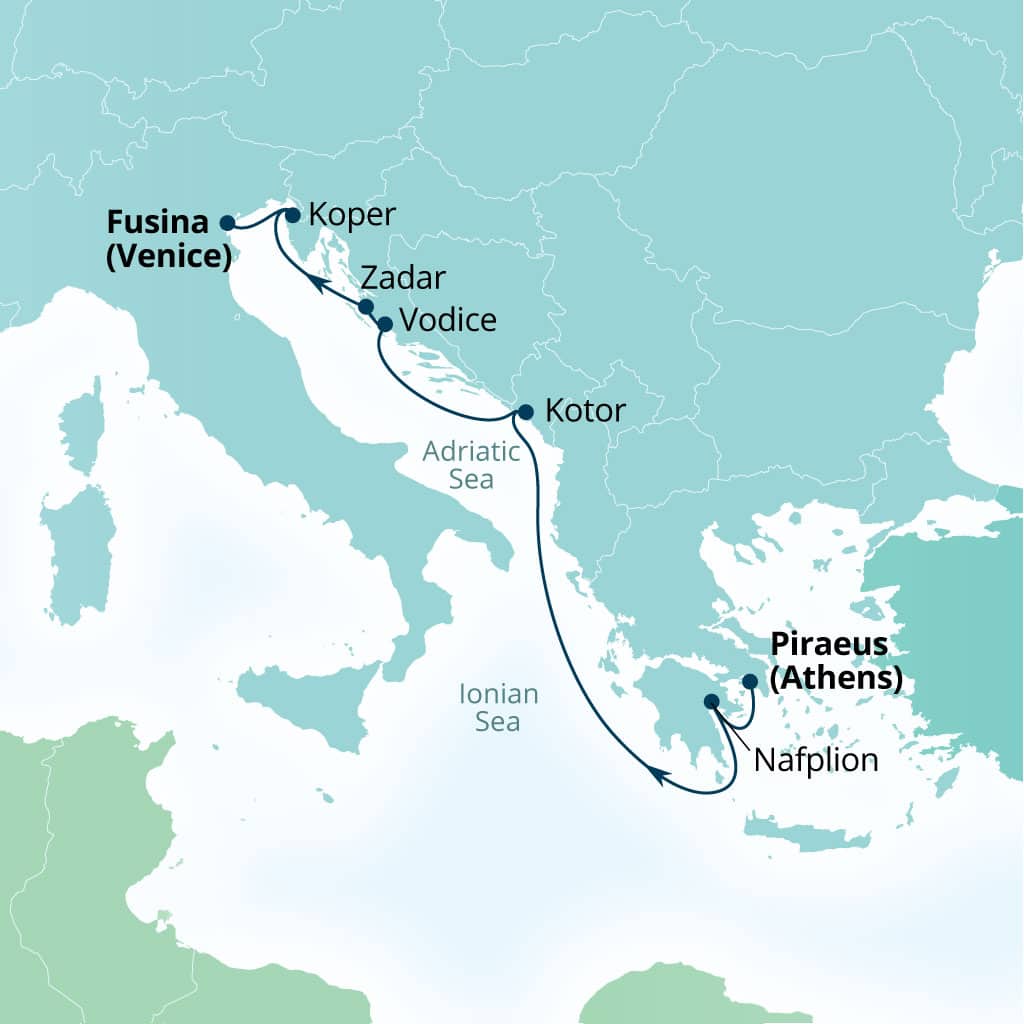 Seabourn Ovation 7-day Piraeus (Athens), Greece to Fusina (Venice), Italy itinerary map, July 15-22 2028