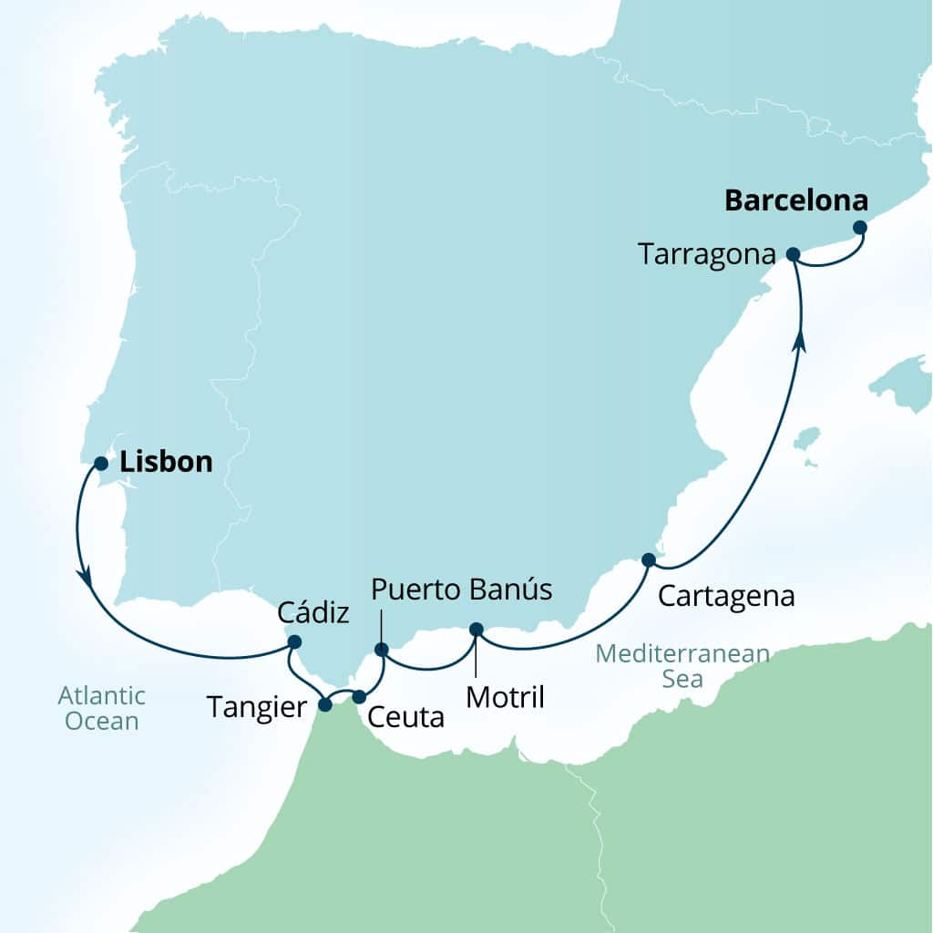 Seabourn Ovation 9-day Lisbon, Portugal to Barcelona, Spain itinerary map, April 6-15 2028