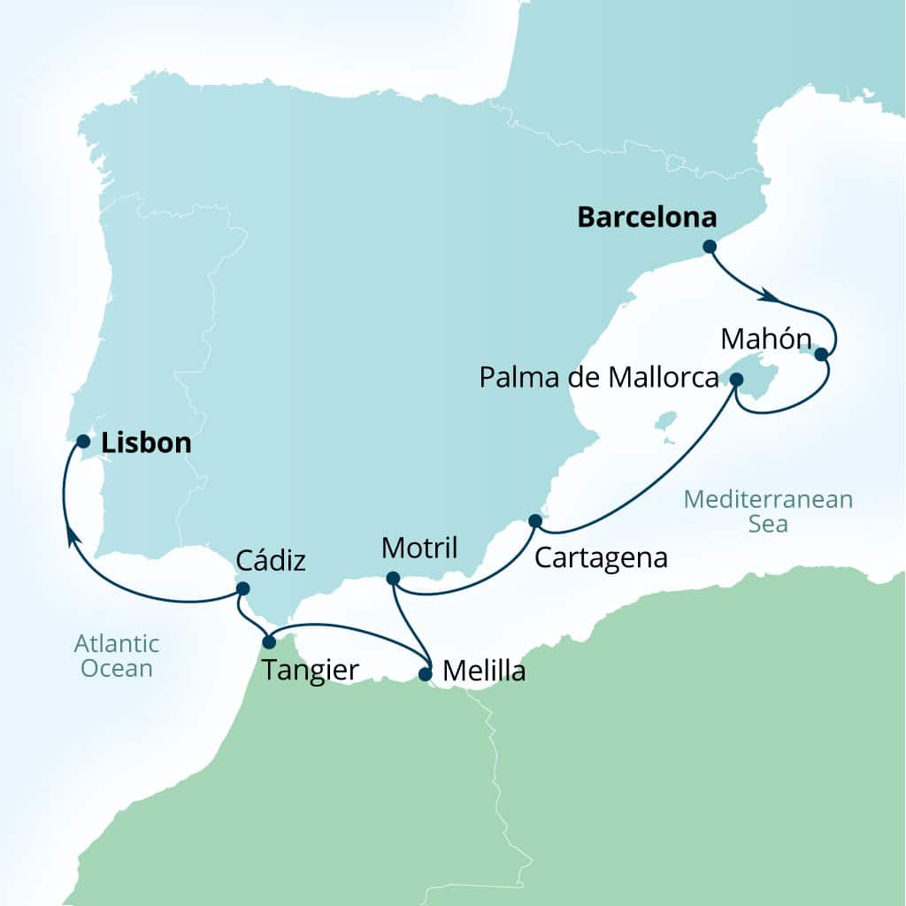 Seabourn Ovation 9-day Barcelona, Spain to Lisbon, Portugal itinerary map, November 18-27 2028