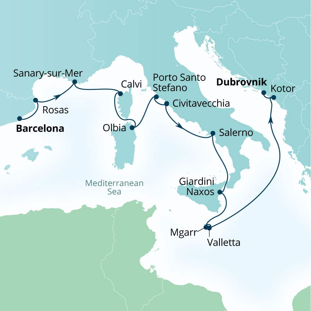 Seabourn Ovation 14-day Barcelona, Spain to Dubrovnik, Croatia itinerary map, April 15-29 2028