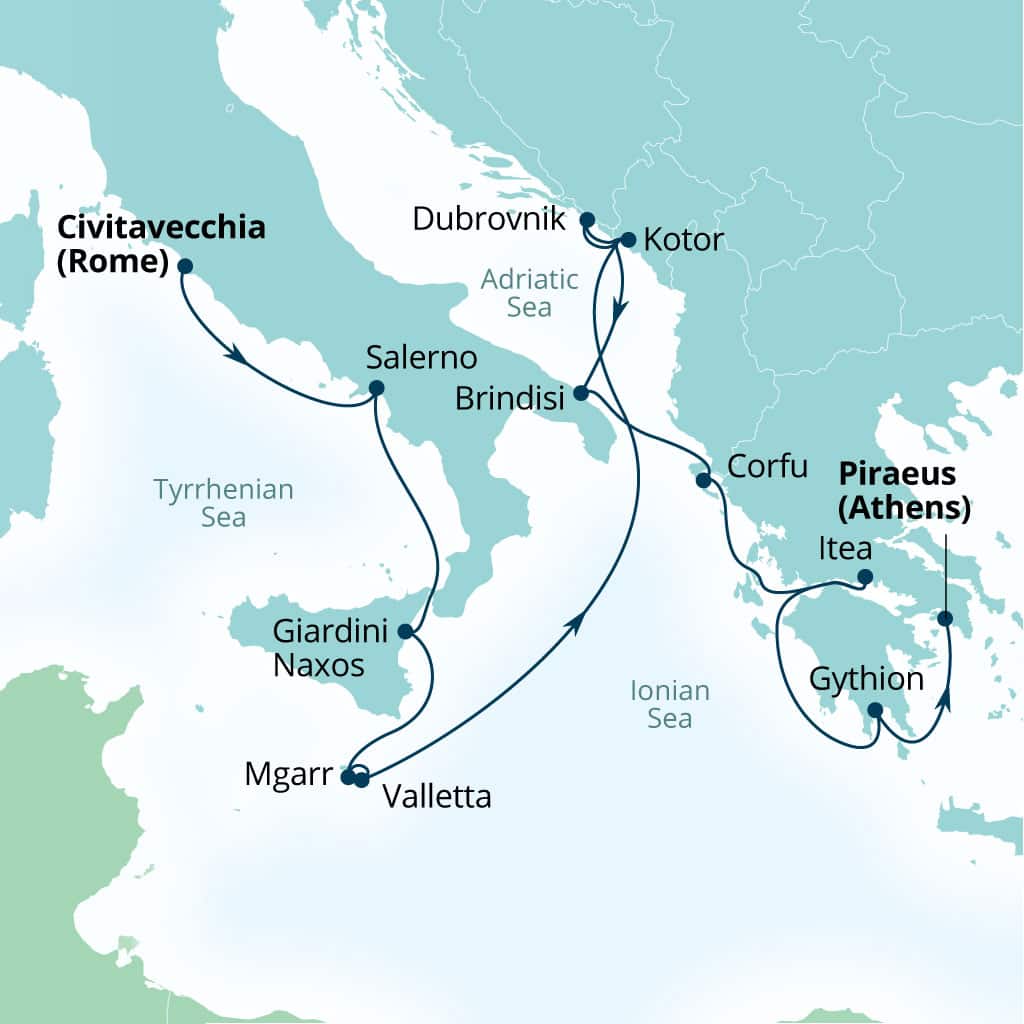 Seabourn Ovation 14-day Civitavecchia (Rome), Italy to Piraeus (Athens), Greece itinerary map, April 22-May 6 2028