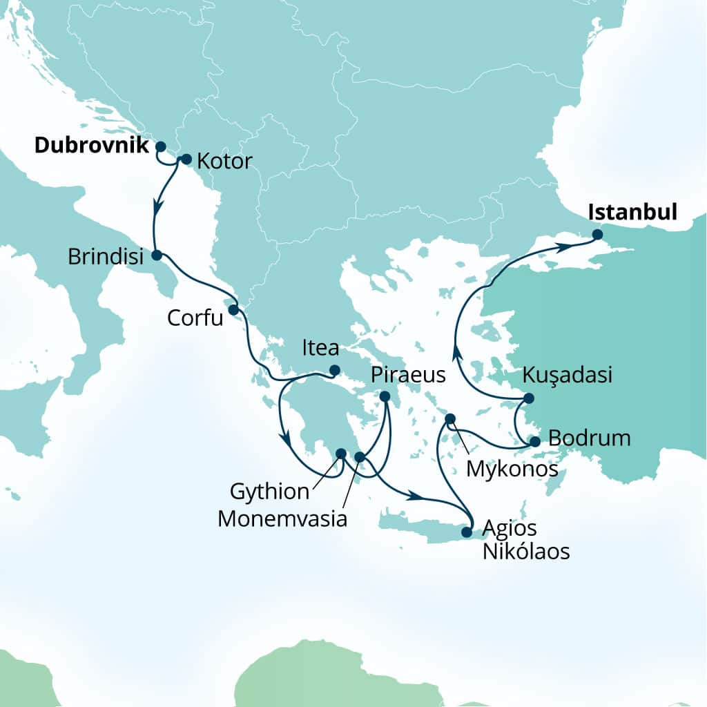 Seabourn Ovation 14-day Dubrovnik, Croatia to Istanbul, Turkey itinerary map, April 29-May 13 2028