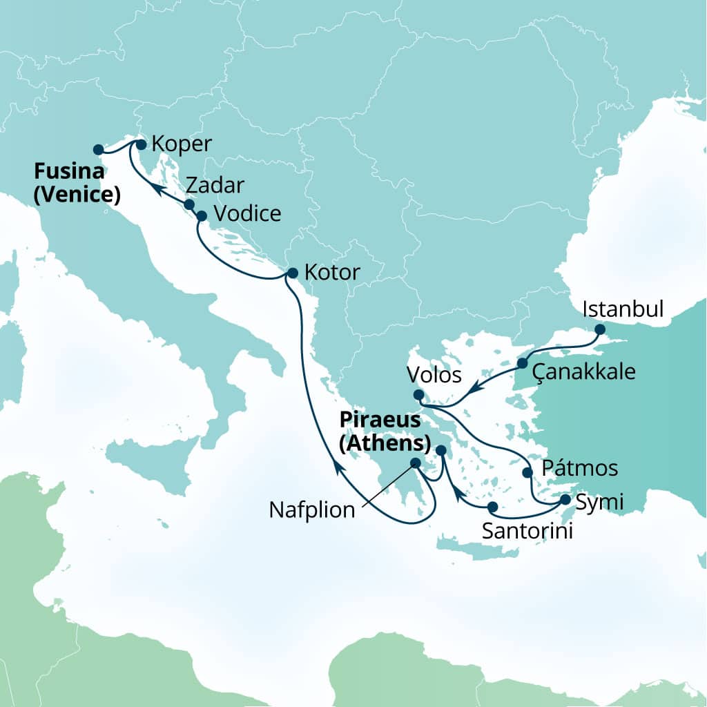 Seabourn Ovation 14-day Istanbul, Turkey to Fusina (Venice), Italy itinerary map, May 13-27 2028