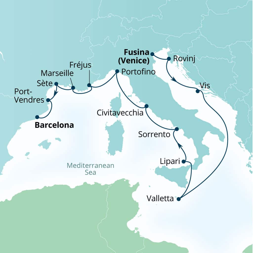 Seabourn Ovation 14-day Fusina (Venice), Italy to Barcelona, Spain itinerary map, May 27-June 10 2028