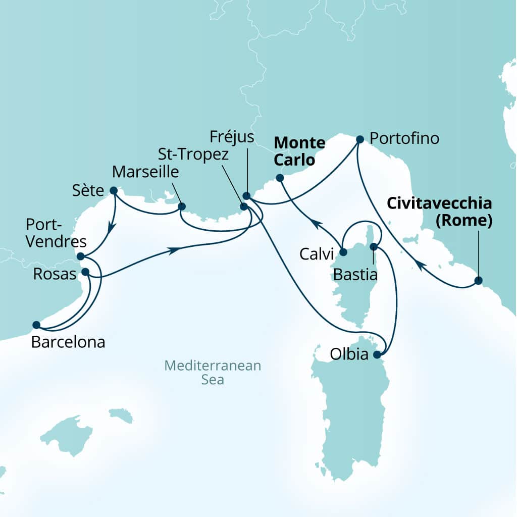 Seabourn Ovation 14-day Civitavecchia (Rome), Italy to Monte Carlo, Monaco itinerary map, June 3-17 2028
