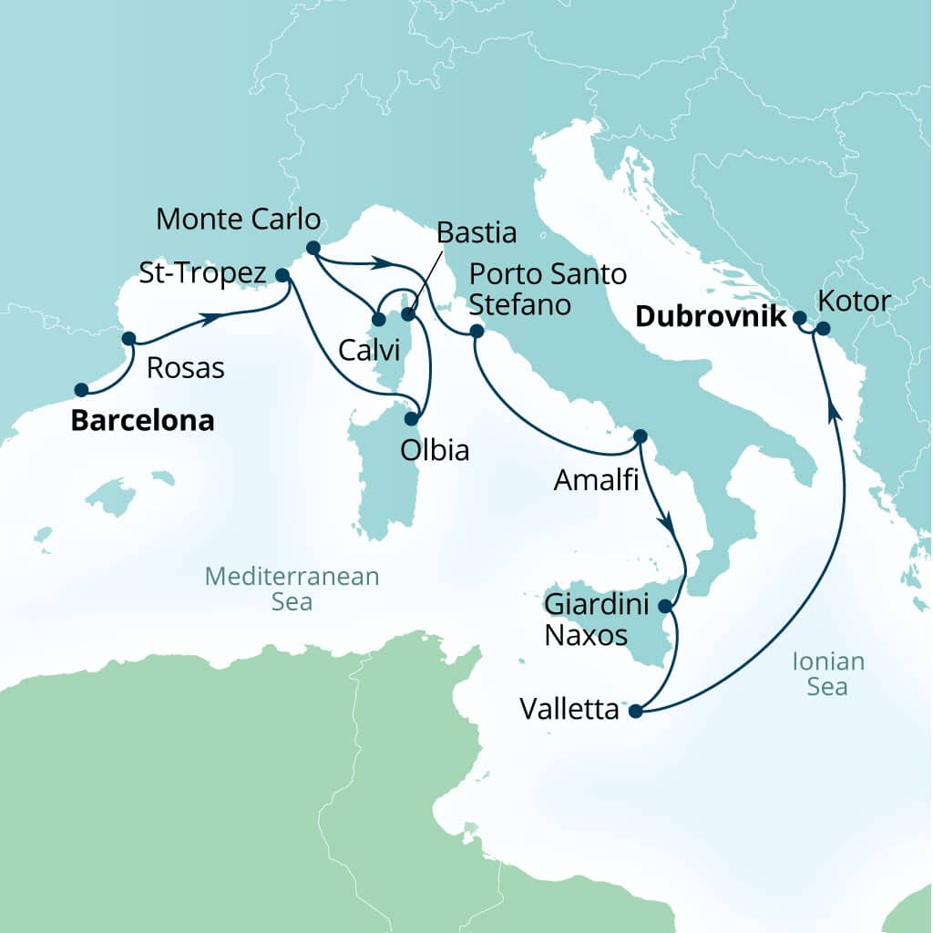 Seabourn Ovation 14-day Barcelona, Spain to Dubrovnik, Croatia itinerary map, June 10-24 2028