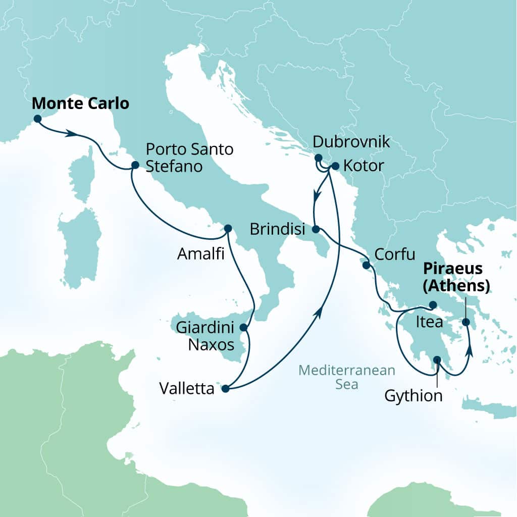 Seabourn Ovation 14-day Monte Carlo, Monaco to Piraeus (Athens), Greece itinerary map, June 17-July 1 2028