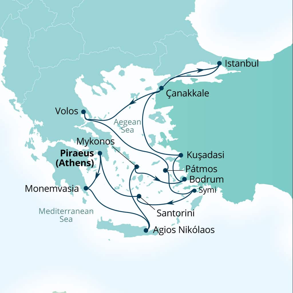 Seabourn Ovation 14-day Piraeus (Athens), Greece to Piraeus (Athens), Greece itinerary map, July 1-15 2028