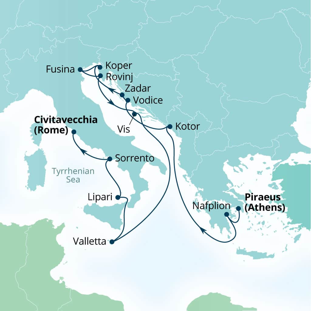 Seabourn Ovation 14-day Piraeus (Athens), Greece to Civitavecchia (Rome), Italy itinerary map, July 15-29 2028