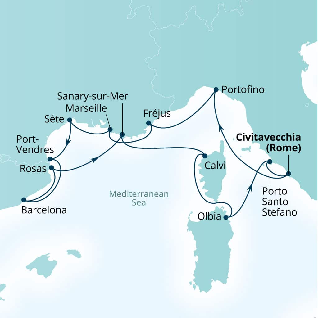 Seabourn Ovation 14-day Civitavecchia (Rome), Italy to Civitavecchia (Rome), Italy itinerary map, July 29-August 12 2028