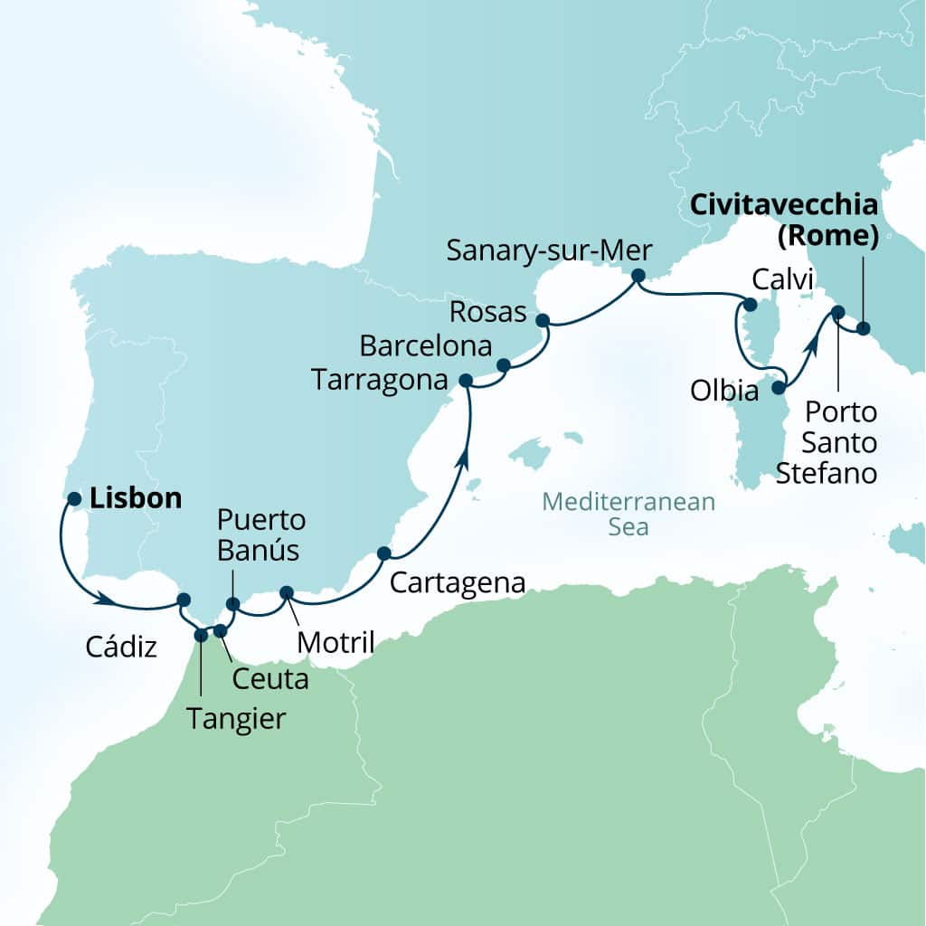 Seabourn Ovation 16-day Lisbon, Portugal to Civitavecchia (Rome), Italy itinerary map, April 6-22 2028