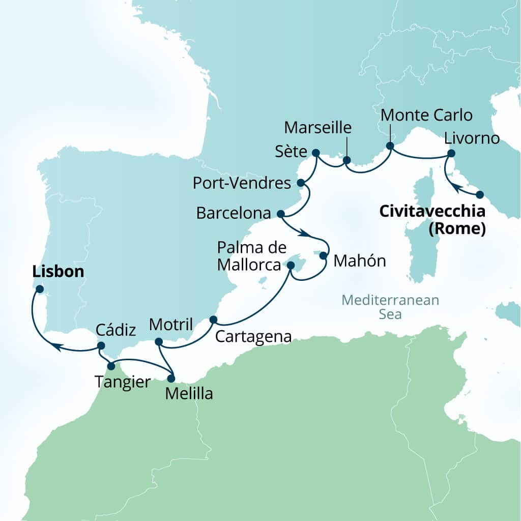Seabourn Ovation 16-day Civitavecchia (Rome), Italy to Lisbon, Portugal itinerary map, November 11-27 2028