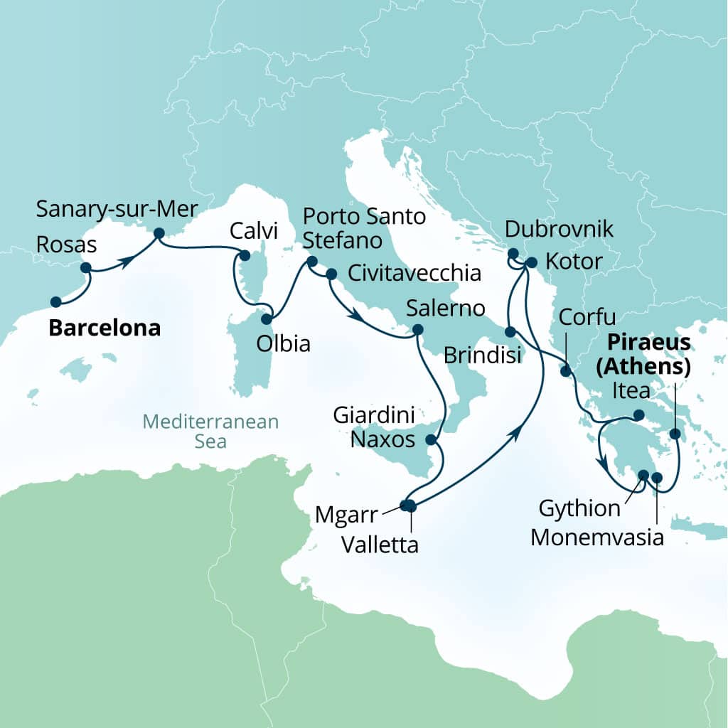 Seabourn Ovation 21-day Barcelona, Spain to Piraeus (Athens), Greece itinerary map, April 15-May 6 2028
