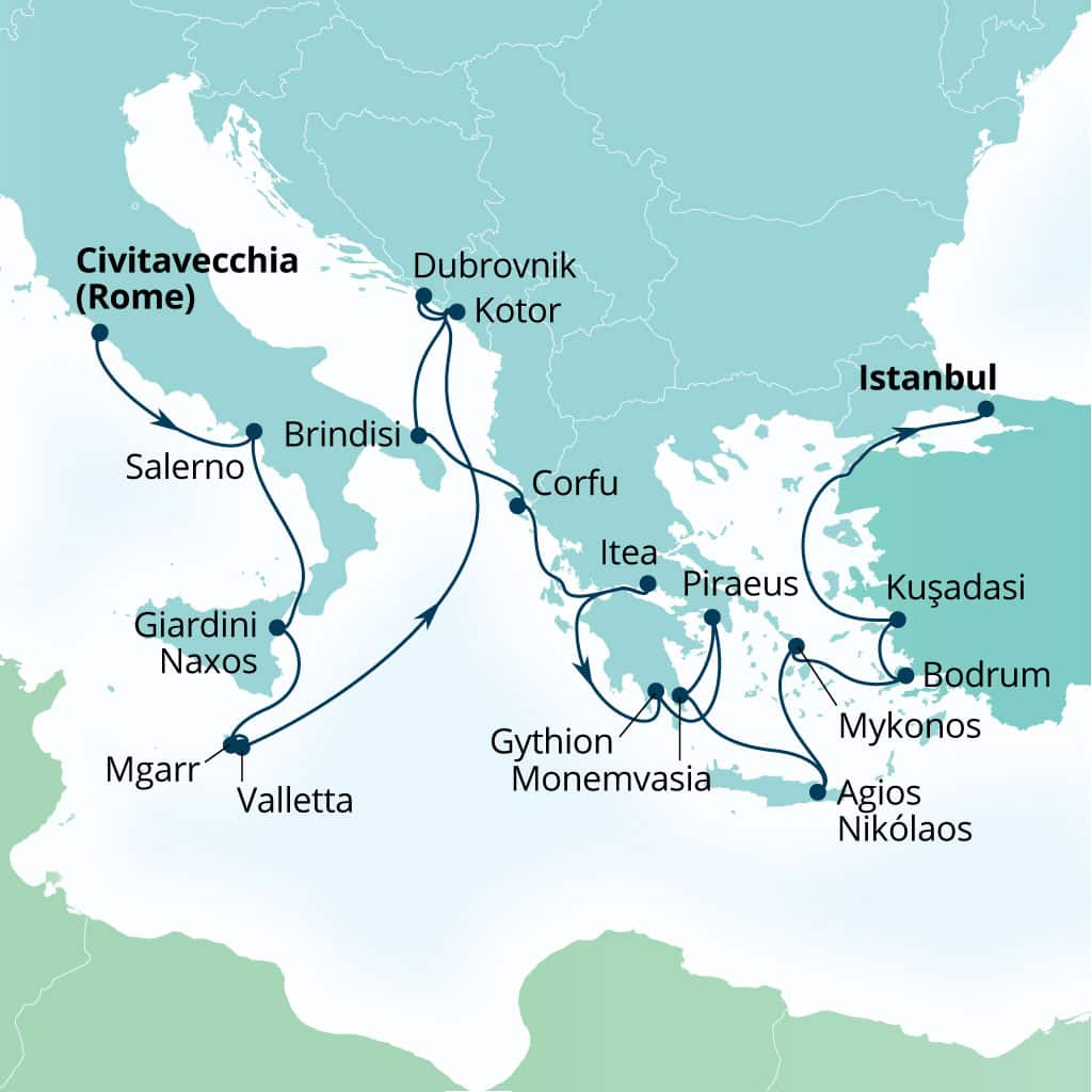 Seabourn Ovation 21-day Civitavecchia (Rome), Italy to Istanbul, Turkey itinerary map, April 22-May 13 2028
