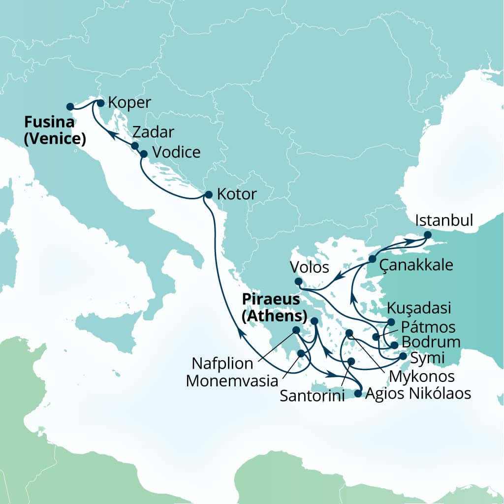 Seabourn Ovation 21-day Piraeus (Athens), Greece to Fusina (Venice), Italy itinerary map, May 6-27 2028