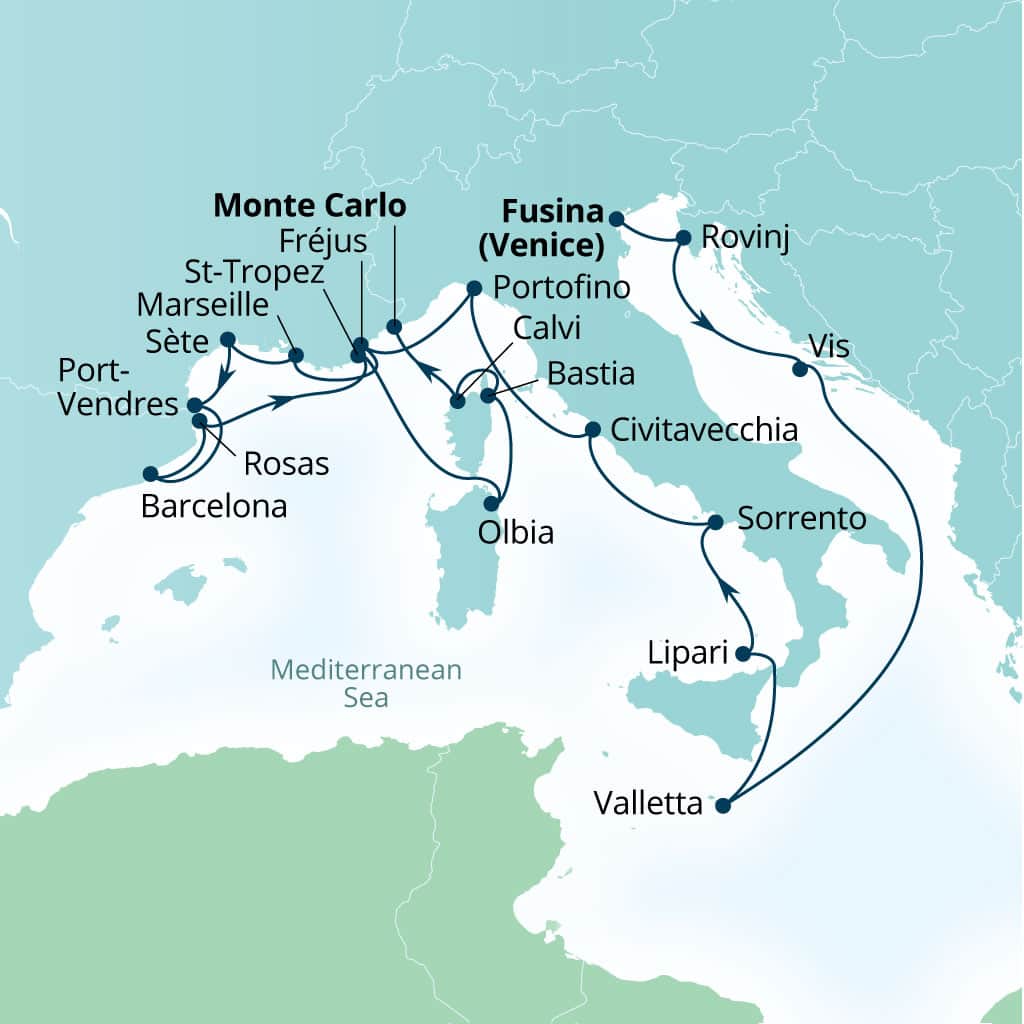 Seabourn Ovation 21-day Fusina (Venice), Italy to Monte Carlo, Monaco itinerary map, May 27-June 17 2028