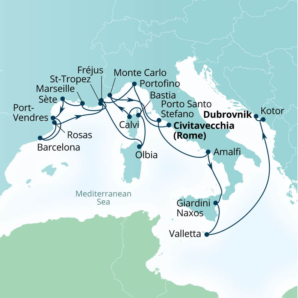 Seabourn Ovation 21-day Civitavecchia (Rome), Italy to Dubrovnik, Croatia itinerary map, June 3-24 2028