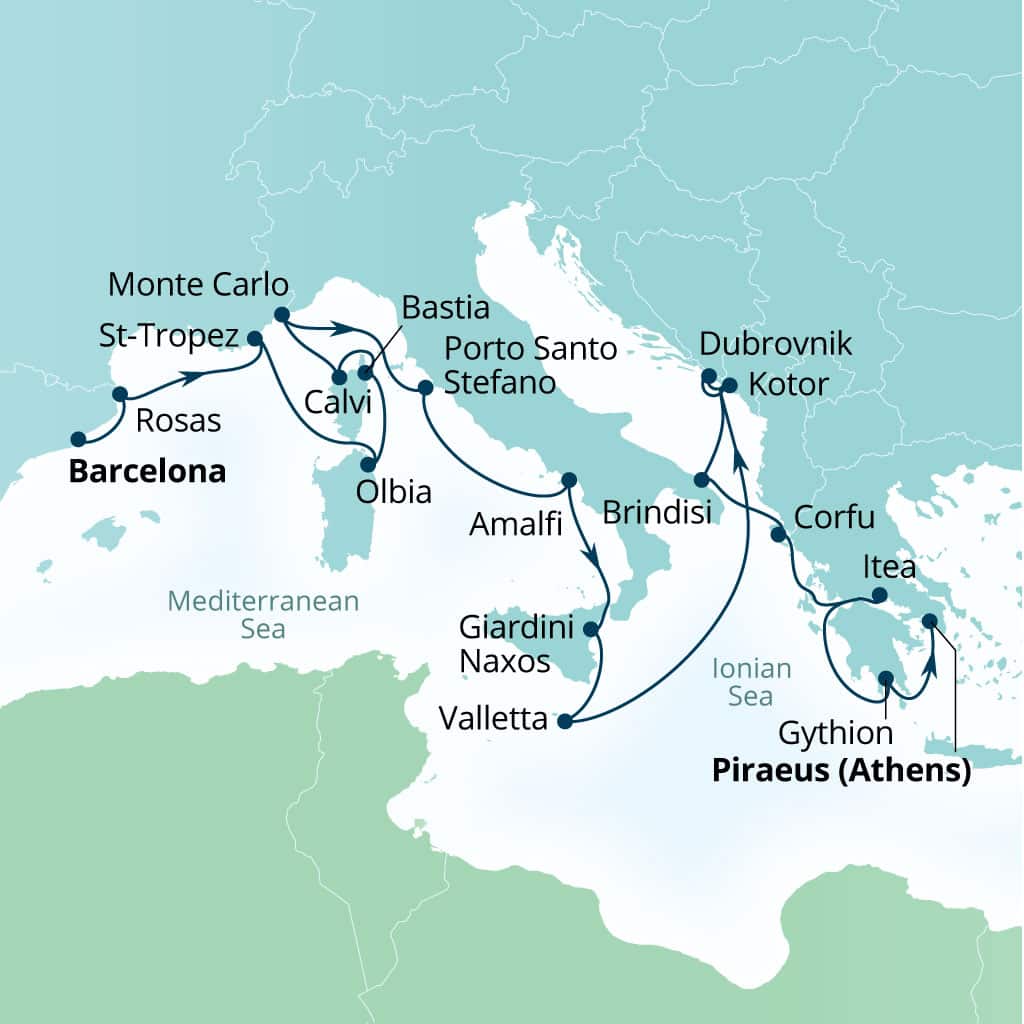 Seabourn Ovation 21-day Barcelona, Spain to Piraeus (Athens), Greece itinerary map, June 10-July 1 2028