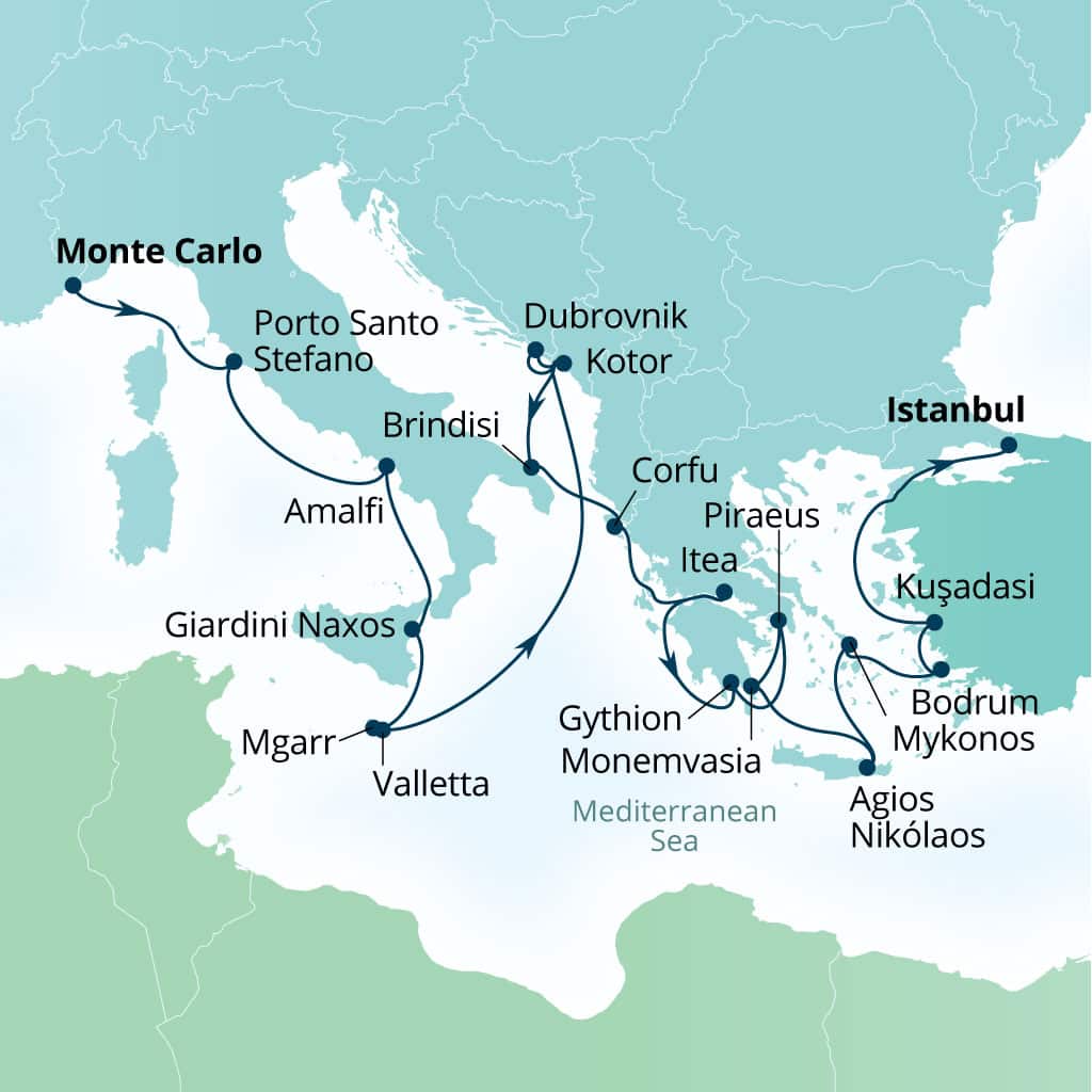 Seabourn Ovation 21-day Monte Carlo, Monaco to Istanbul, Turkey itinerary map, June 17-July 8 2028