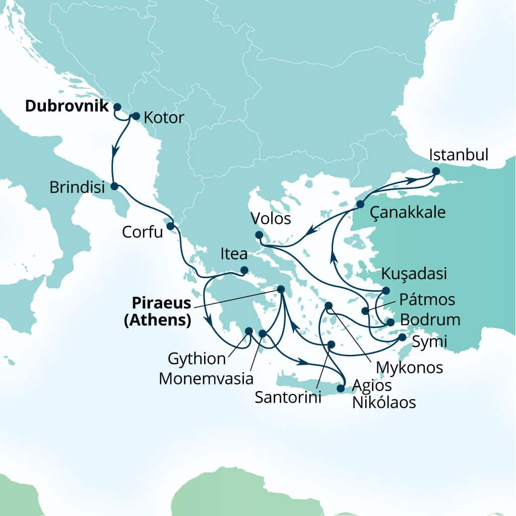 Seabourn Ovation 21-day Dubrovnik, Croatia to Piraeus (Athens), Greece itinerary map, June 24-July 15 2028