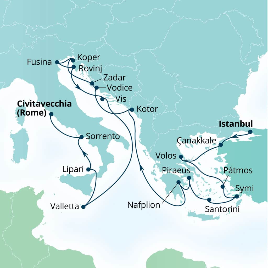 Seabourn Ovation 21-day Istanbul, Turkey to Civitavecchia (Rome), Italy itinerary map, July 8-29 2028